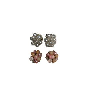 Lot 2 clip on earrings gold tone Easter Spring faux seed pearl white sugar pinks